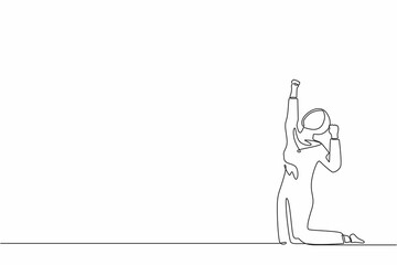 Single one line drawing happy Arab businesswoman kneeling with raised one hand high and raised the other. Saleswoman celebrates salary increase from company. Continuous line draw design graphic vector