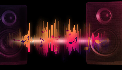 Modern powerful audio speakers and sound waves on dark background