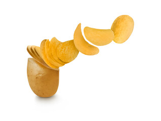 Raw potato turning into tasty crispy chips on white background