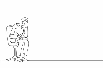 Single continuous line drawing sad depressed Arab businesswoman sitting on chair thinking about finding money for paying bills during crisis. Financial problems and bankruptcy. One line graphic design