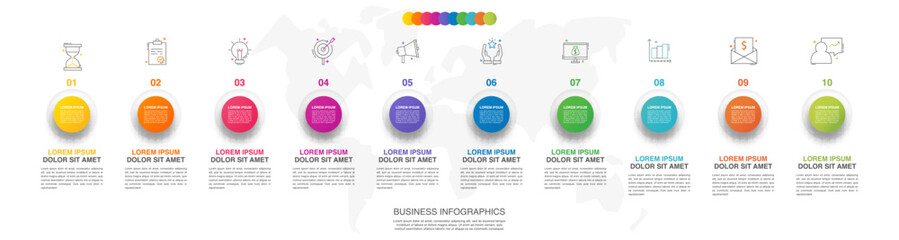 Vector line infographics with ten circles. Business concept graphic process template with 10 steps. Graphic timeline for app, website, interface, chart, levels, web, diagram, banner, presentations