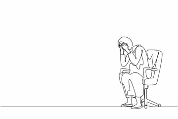 Continuous one line drawing frustrated Arabian businesswoman holding her head sitting alone on chair. Regret on business mistake, frustration, depressed, stupidity, foolish. Single line design vector
