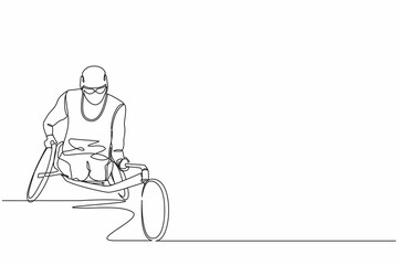 Single continuous line drawing racing on the sports wheelchair. Disability sportsman in games tournament. Hobbies and interests of people with disabilities. One line graphic design vector illustration