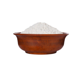 Fresh flour in wooden bowl isolated on white