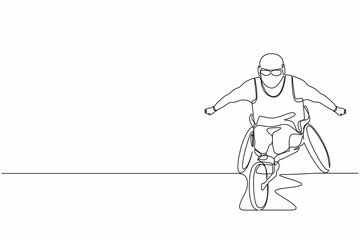Continuous one line drawing disabled race male athlete wheelchair sport competition. Disability games championship. Hobbies and interests of people with disabilities. Single line draw design vector