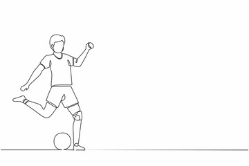 Single one line drawing disabled man athlete playing football. Disability soccer player with leg prosthesis. Match, competition. Disabled sport training. Continuous line draw design graphic vector