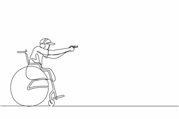 Single one line drawing young sportsman in wheelchair engaged in sports shooting with a gun. Hobbies and interests of people with disabilities. Continuous line draw design graphic vector illustration