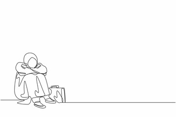 Single continuous line drawing depressed Arab businesswoman suffer emotion sadness melancholy stress with briefcase sitting in despair on the floor. Worker feeling blue, stress. One line design vector