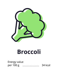 Healthy vegetarian product icon. A tasty broccoli icon. Energy value of broccoli. Vector illustration on white background.