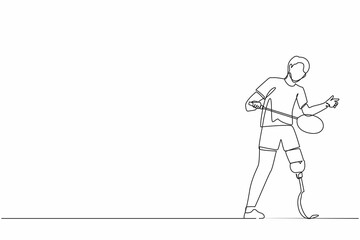 Single continuous line drawing male athlete playing badminton.  man with prosthetic leg holding racket. Person with disability performing sports activity. One line draw graphic design vector
