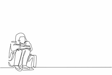 Continuous one line drawing depressed businesswoman suffer emotion sadness melancholy stress with briefcase sitting in despair on the floor. Worker feeling blue, stress. Single line draw design vector