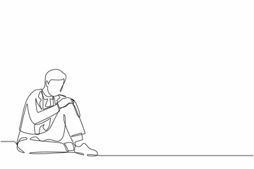 Fototapeta na wymiar Single continuous line drawing very sad businessman sitting alone on the floor. Depressed young man disorder, sad, sorrow, disappointment symptom. One line draw graphic design vector illustration