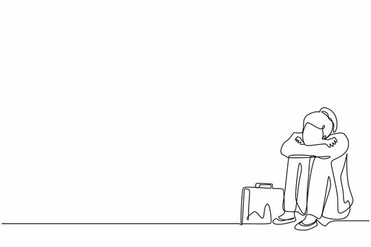 recommend clip art: Single continuous line drawing depressed businesswoman suffer emotion sadness melancholy stress with briefcase sitting in despair on floor. Worker sad gesture expression. One line draw design vector