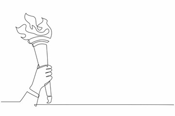Single one line drawing hand holding golden torch with fire flame. Symbol for sport competition tournament. Flame and sports. Education and lighting. Continuous line design graphic vector illustration
