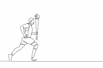 Continuous one line drawing disabled young athlete with prosthetic leg holding torch. Disability sportsman participating in opening ceremony of sport tournament. Single line draw design vector graphic
