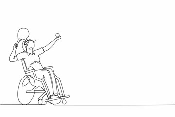 Continuous one line drawing female athlete with disability playing tennis sitting in wheelchair.  sportswoman holding racket and serve the ball. Single line graphic design vector illustration