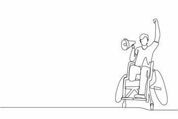 Single one line drawing happy disability young man in wheelchair celebrating winning of football team with megaphone. soccer fan wheelchair user. Continuous line draw design graphic vector