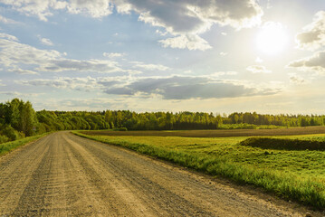 Empty Sandy country road near the forest,fluffy clouds,summer evening sunset landscape.
