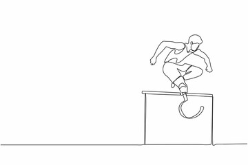 Single continuous line drawing amputated young male athlete jumping, running over hurdle. Disability games with hurdle race. Disability sport concept. One line draw graphic design vector illustration