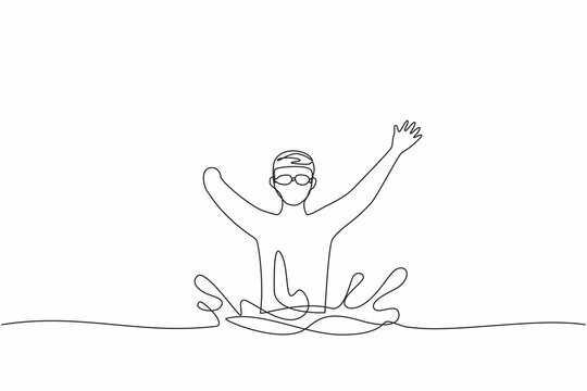 Single one line drawing swimming person with disability athlete playing in tournament games.  sportsman, sport, success, championship. Continuous line draw design graphic vector illustration