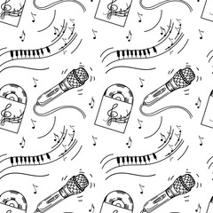 A seamless pattern of microphone, piano, vinyl record and sheet music. Hand-drawn doodle elements. Music. Inspiration. Music background, vector illustration.