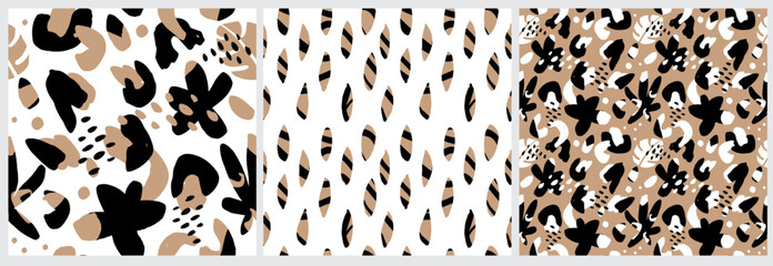Set of 3 Abstract Hand Drawn Seamless Vector Patterns with Black and Gold Flowers, Spots and Scribbles on a White and Brown Background. Messy Irregular Abstract Doodle Print ideal for Fabric.