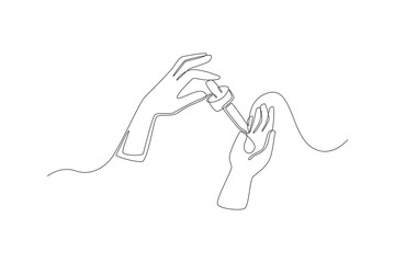 Continuous one line drawing hand use serum dropper cosmetic products anti-aging for facial and skin care. Skin care concept. Single line draw design vector graphic illustration.