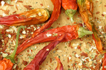 Obraz na płótnie Canvas Dry organic red round chillies top view background. Healthy spices