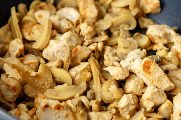 Slices of chopped meat chicken and mushroom fillet over fried in a frying pan close-up. Selective focus