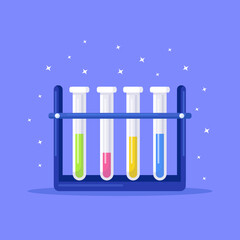 Test-tube on special stand. Blood test tube for analysis test material in laboratory. Flasks with substances for researchers. Chemical lab science, medical research laboratory