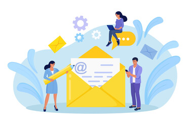 Sending and receiving mail messages. People using electronic mail by mobile phone. Characters holding smartphone and writing email letters. New incoming sms, chat in social network, spam