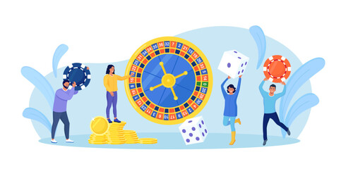 Fototapeta premium Casino and Gambling Concept. People Playing in Games of Fortune. Happy Man and Woman Winning Money in Casino Roulette. Characters Jumping with Poker Chips and Dice