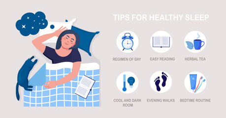 Useful tips and rules for healthy good sleep. Bedtime routine for peaceful dream, relax at night. List of advice to get rid of insomnia, sleeplessness. Woman sleeping in bed on pillow with book, cat