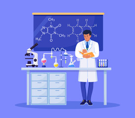 Man chemist with a folder writes down the results  Scientist is experimenting with equipment for vaccine discovery in lab. Doctor working on antiviral treatment development