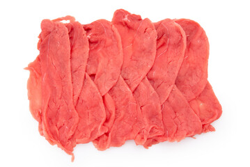Thinly sliced beef raw for italian carpaccio in top view isolated on white, clipping path
