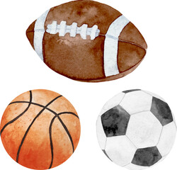 Watercolor illustration of sport balls set football, soccer, basketball and baseball isolated on white background © Берилло Евгения