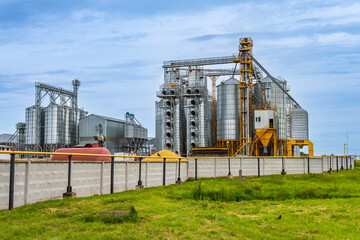 agro silos granary elevator with seeds cleaning line on agro-processing manufacturing plant for processing drying cleaning and storage of agricultural products in rye corn or wheat field