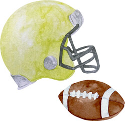 Fototapeta premium Watercolor yellow american football helmet and ball illustration isolated on white background