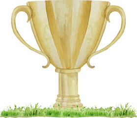 Watercolor hand drawn golden yellow sport prize cup for winner, first place, victory isolated on white.