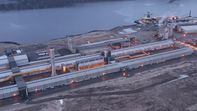 Industrial facility producing metal in Iceland, pollution global warming, aerial