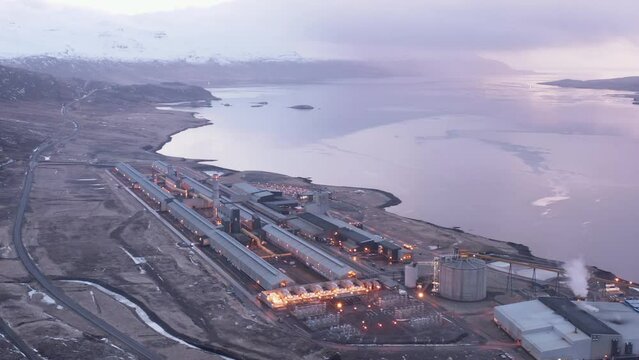 Alcoa Fjarda&aacute;l aluminium smelter facility factory in Iceland during sunrise