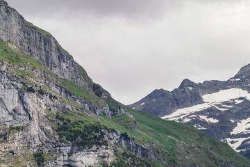 view of Alps mountain in Switzerland, glacier peak, mountain covered by snow