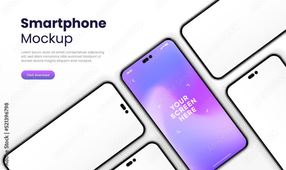 Fototapete 3D realistic high quality smartphone mockup isolated with white blank screen. Smart phone mockup collection. Device front view. 3D mobile phone with shadow on white background.
