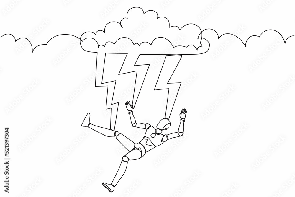Poster single continuous line drawing robot struck by lightning or thunder from dark cloud. robotic artific