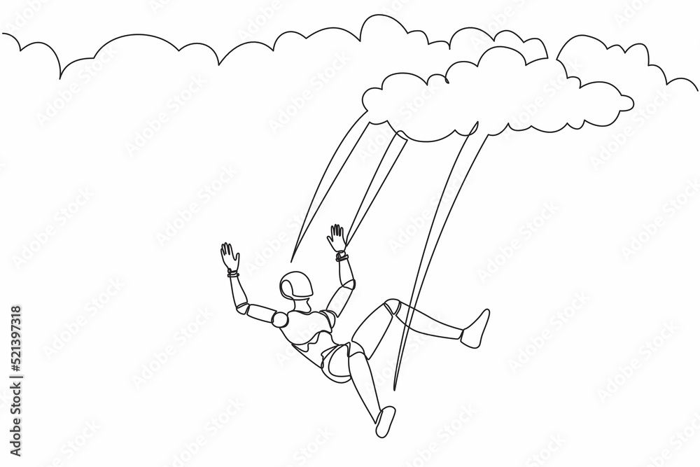 Poster continuous one line drawing robot falling from cloud and sky. failure and defeat. humanoid robot cyb