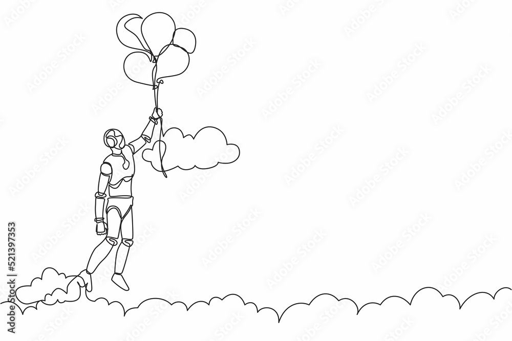 Poster single continuous line drawing robot floating with balloon. robot holding balloon flying through clo