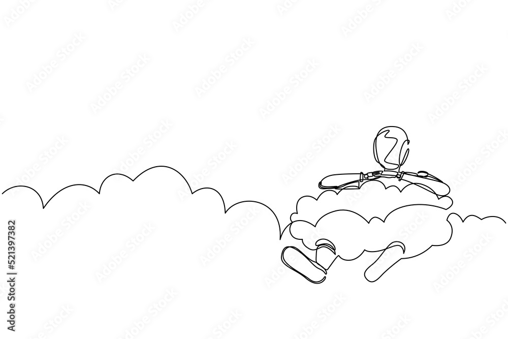 Poster single one line drawing robot hang in the clouds. hoping for success. future technology development.