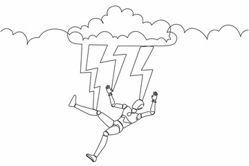 Single continuous line drawing robot struck by lightning or thunder from dark cloud. Robotic artificial intelligence. Electronic technology industry. One line draw graphic design vector illustration