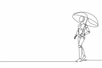 Single continuous line drawing robot with umbrella walking alone. Depression, passerby at hot weather. Robotic artificial intelligence. Electronic technology. One line draw design vector illustration