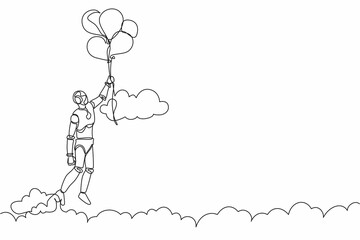 Single continuous line drawing robot floating with balloon. Robot holding balloon flying through cloud. Robotic artificial intelligence. Electronic technology. One line draw design vector illustration